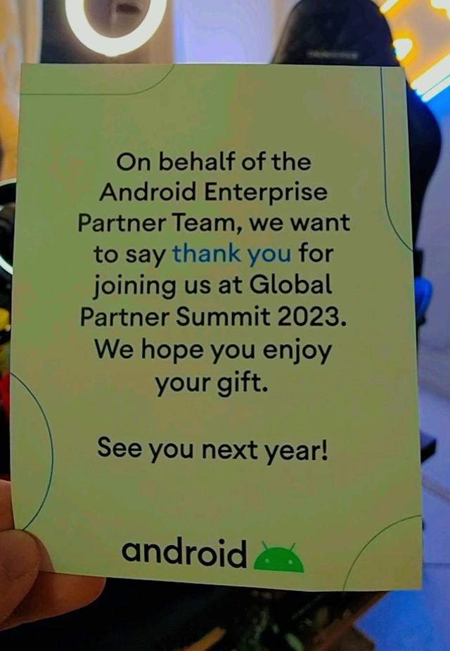 Thank-you card from the Android Enterprise Partner Team for joining the Global Partner Summit 2023